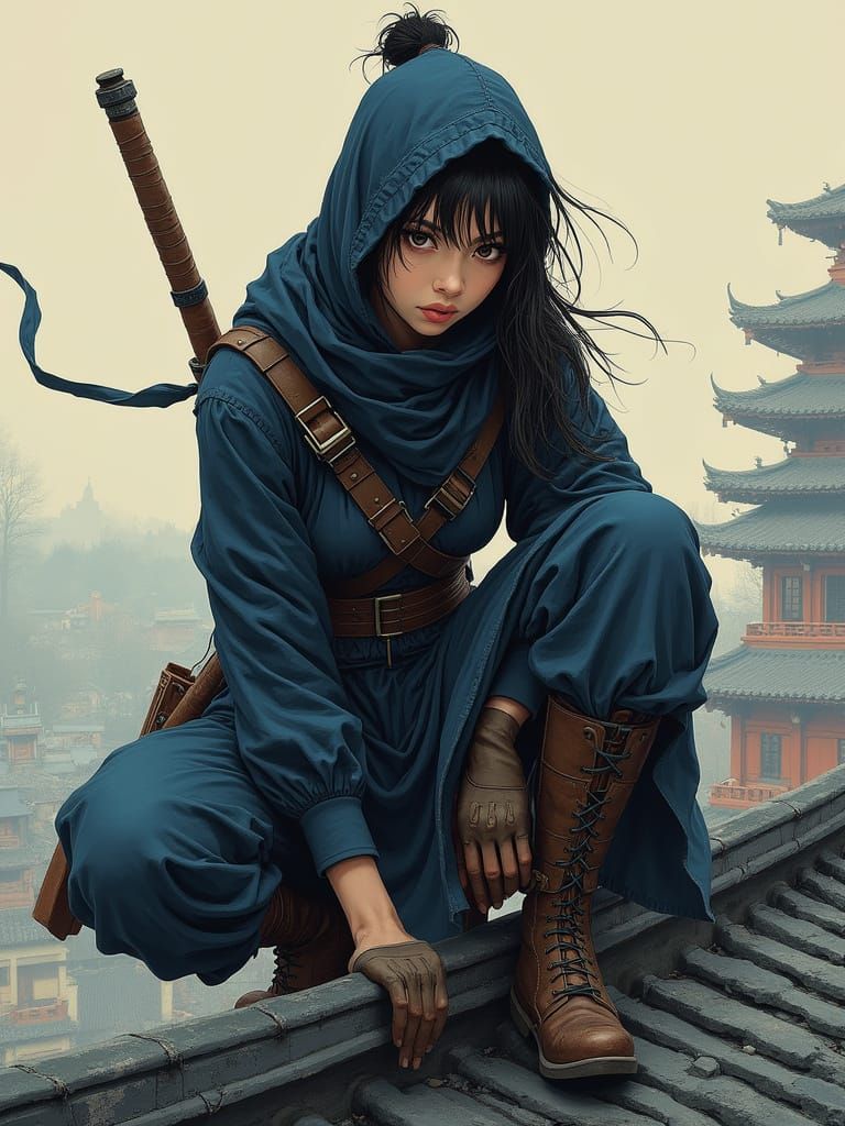 Female Ninja on Rooftop in Detailed Stylized Painting