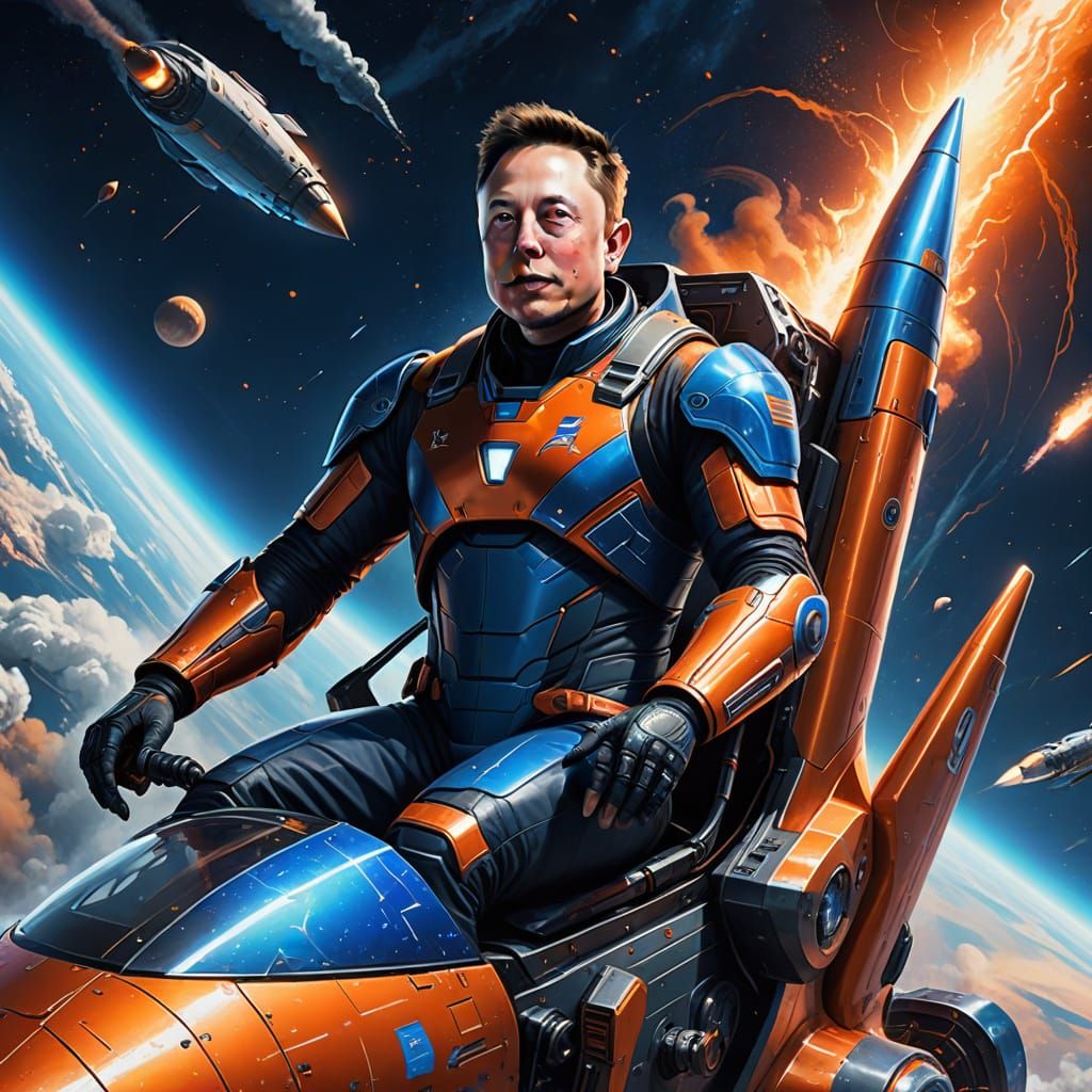 Elon Musk Conquers the Cosmos in Vibrant Spacecore Style