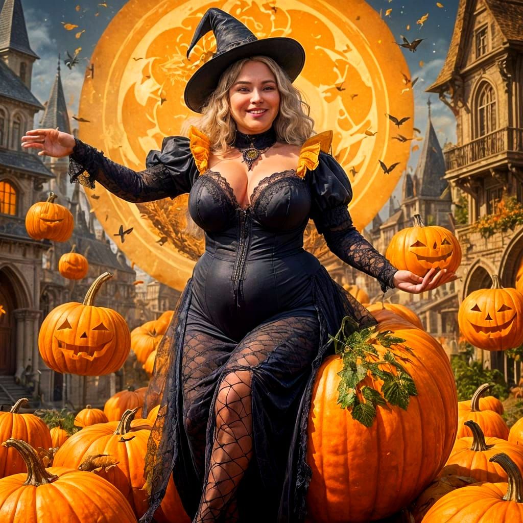 Chubby French Witch on Pumpkin, Detailed Matte Painting
