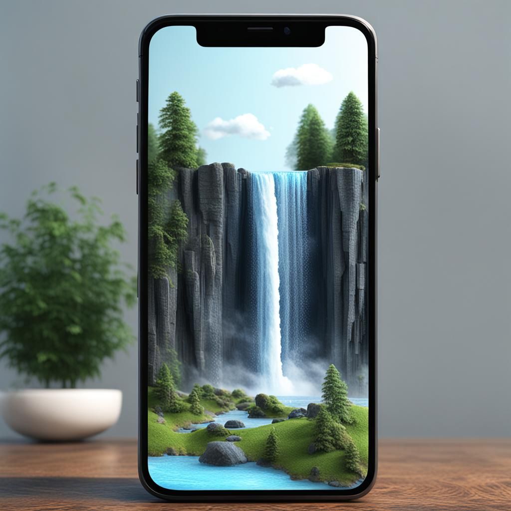 Mobile Phone Displaying a Miniature Waterfall in 3D