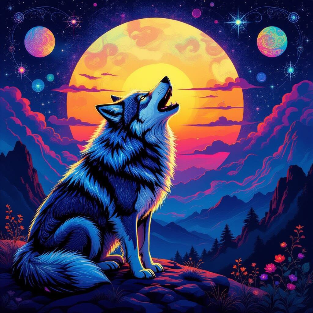 Cosmic Wolf Howling at Binary Sunset in Surreal Style