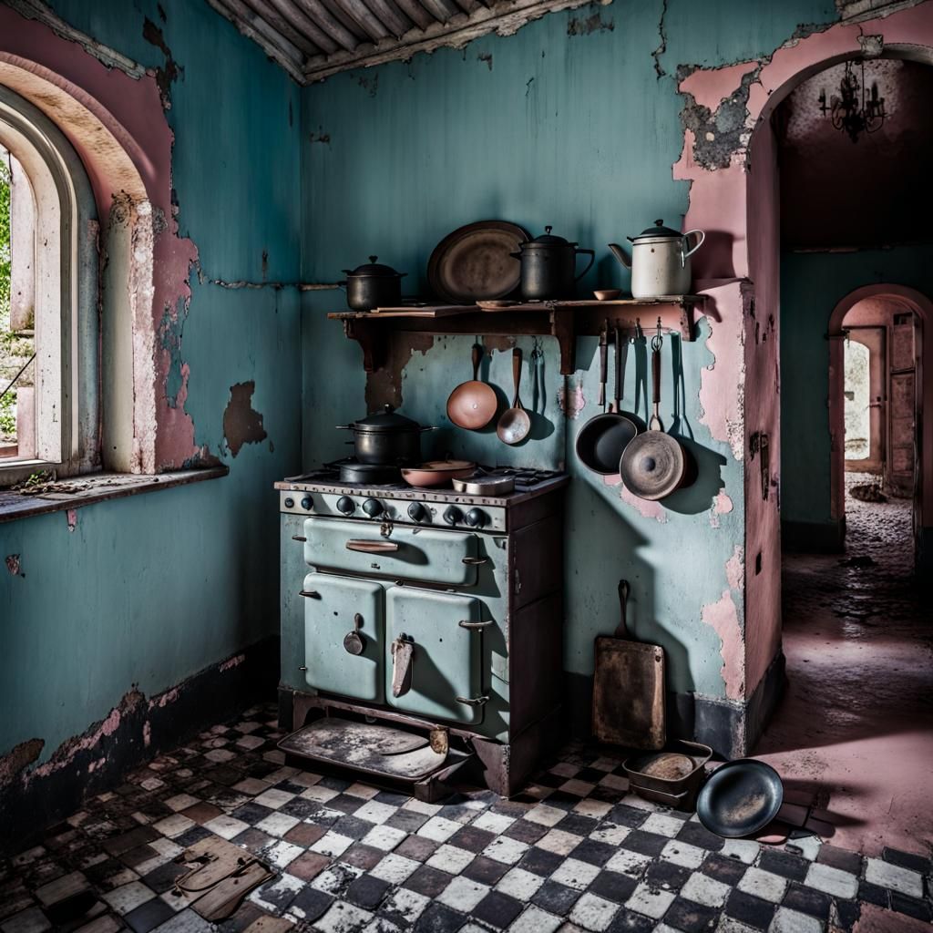 Abandoned Castle Kitchen with Weathered Pink Walls