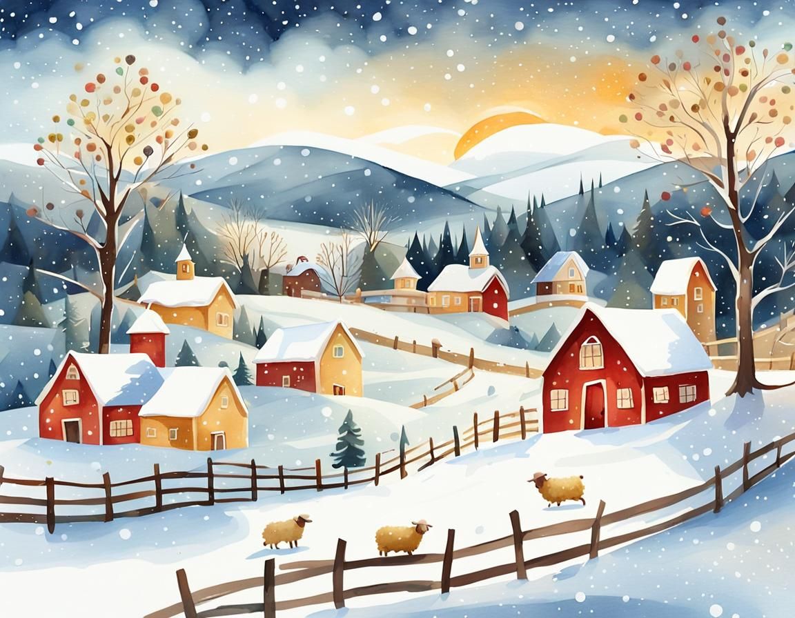 Whimsical Watercolor Village in Winter Wonderland