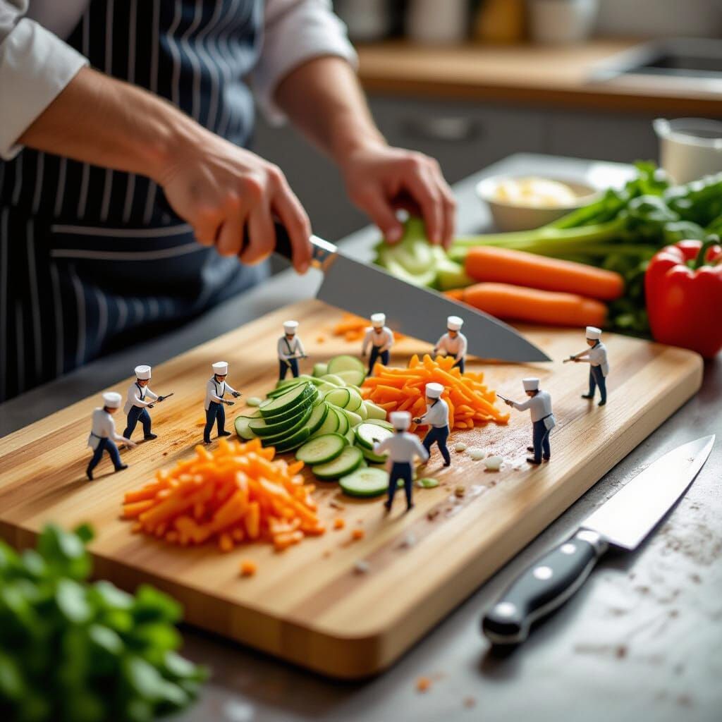 Vegetables Being Cut on Cutting Board With Tiny Chefs