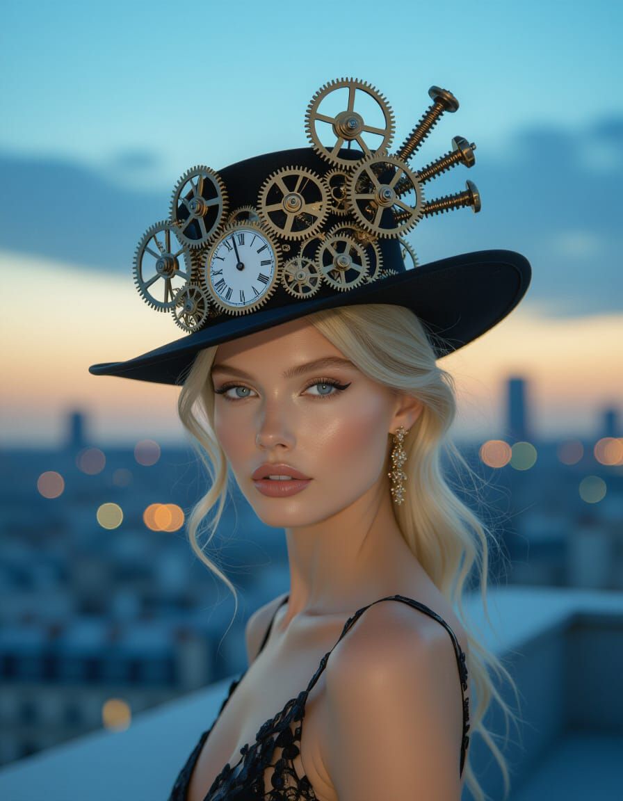 High Fashion Blonde on Parisian Rooftop at Twilight