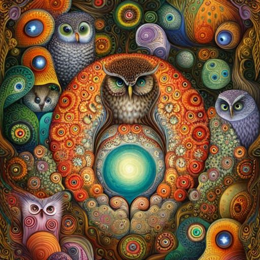 Fractal Owls in Blossom Garden Dreamscape
