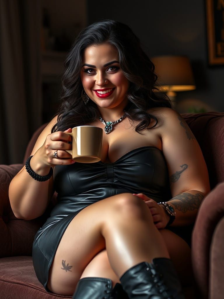 Gothic Woman Sips Coffee in Dimly Lit Living Room