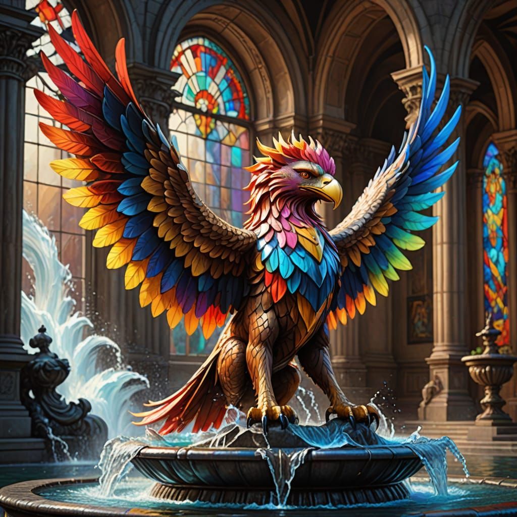 Stained Glass Griffin Soaring Above Stormy Ocean