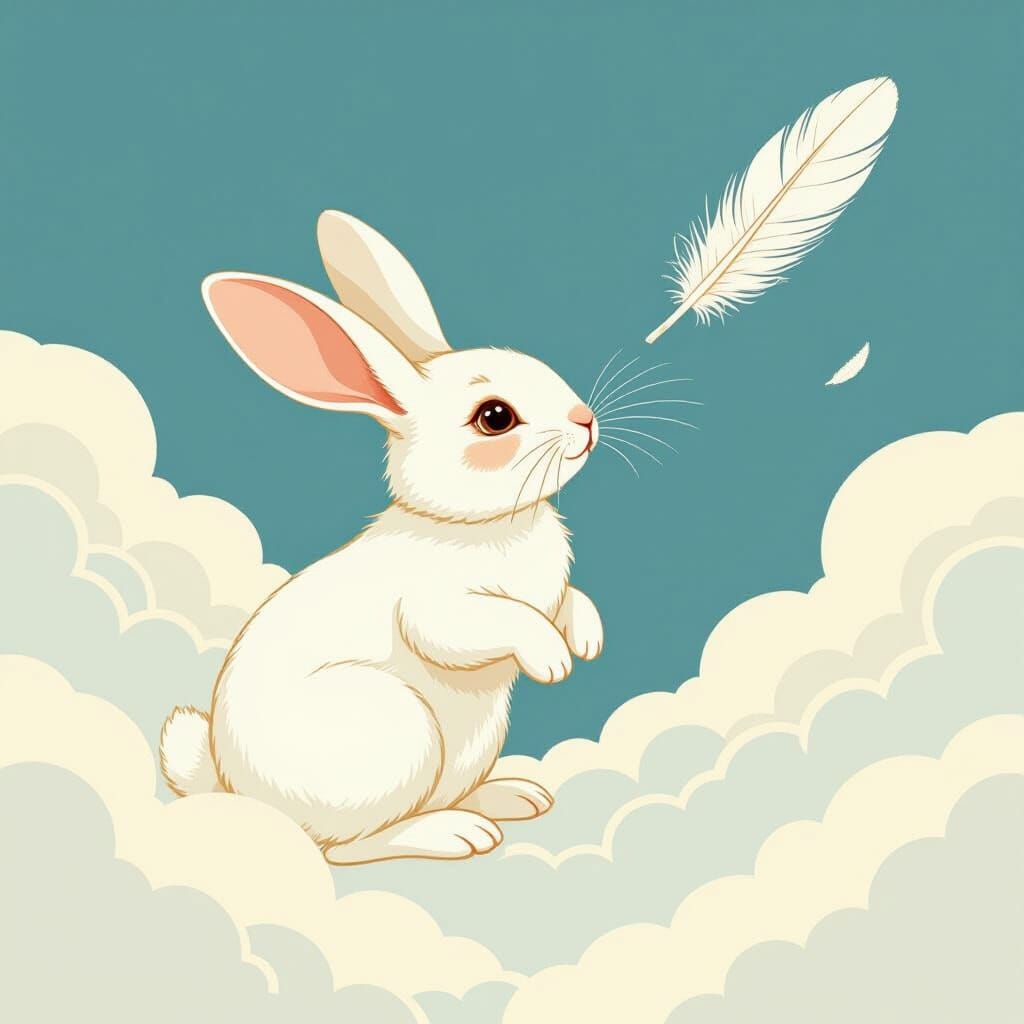 Whimsical Rabbit Chasing Feather in Cloudy Sky