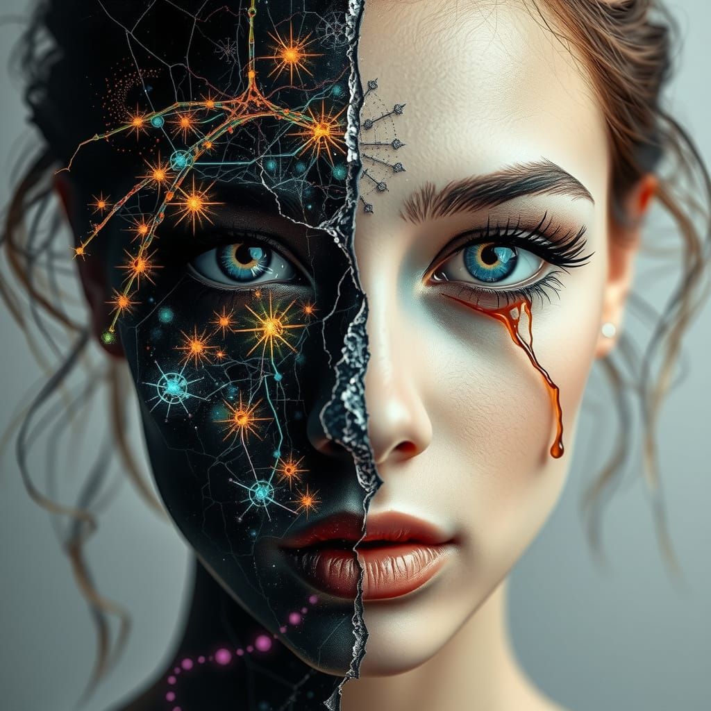 Surrealistic Portrait of a Woman with Contrasting Artistic S...