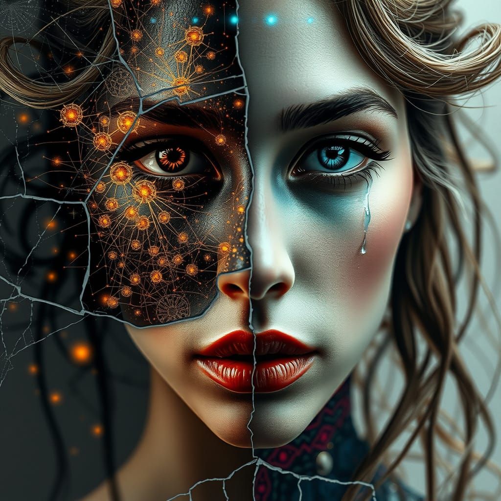 Surreal Portrait of a Shattered Woman in Neon Hues