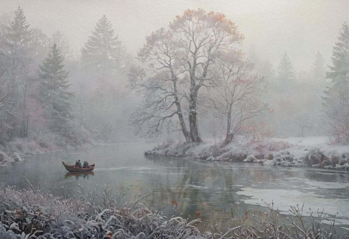 Whimsical Watercolor Boat on Snowy River