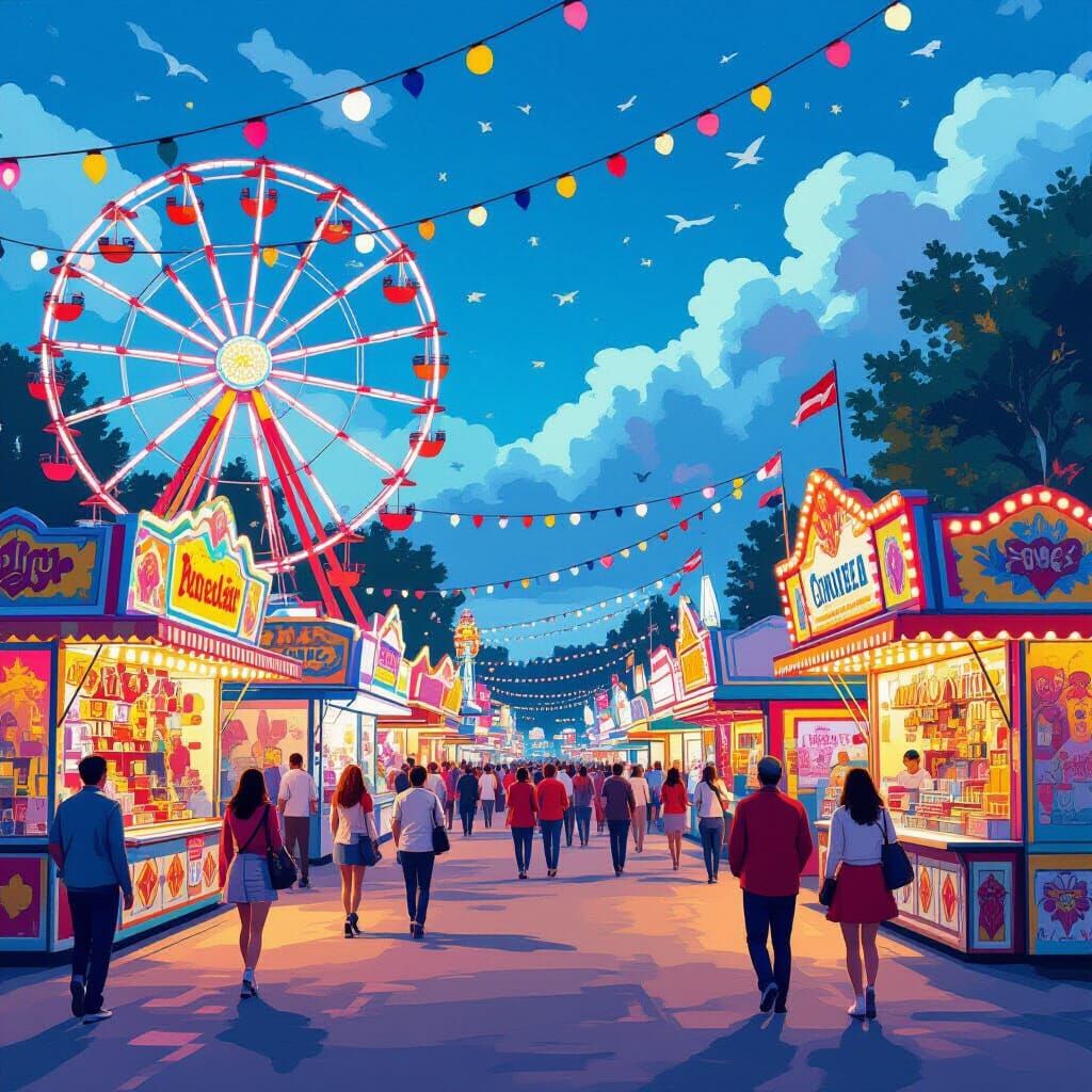 Vibrant Fairground Scene in Whimsical Style
