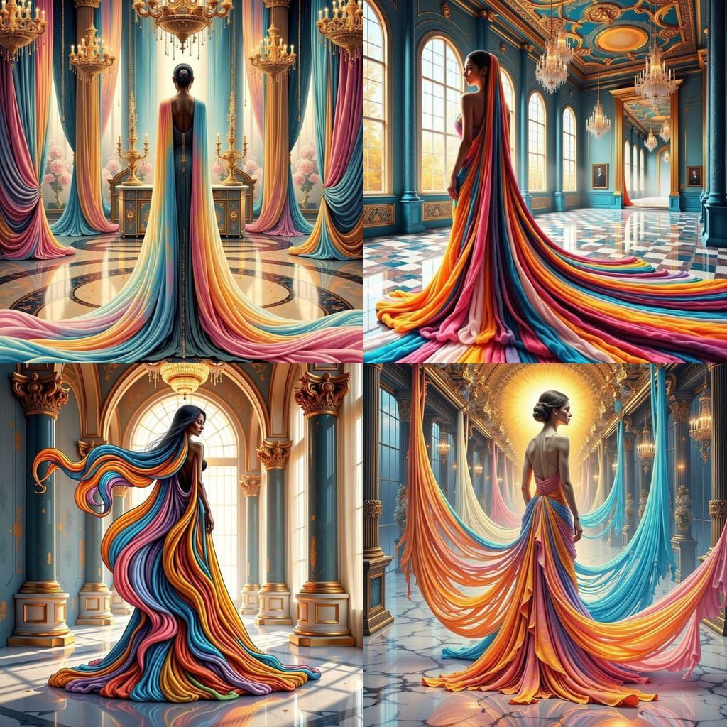 Elegant Figure in a Surreal Ballroom with Shimmering Stripes