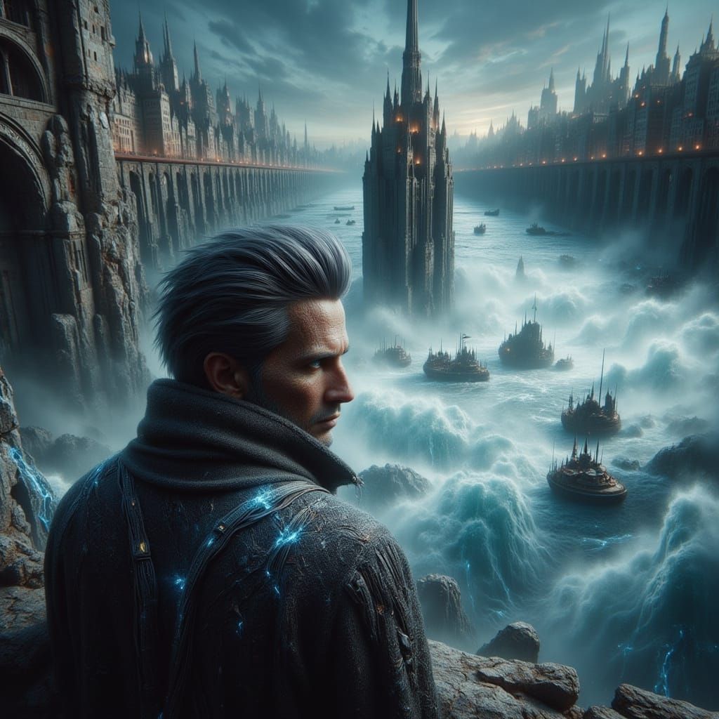 Man with Boy and Sailboat in Cinematic Style