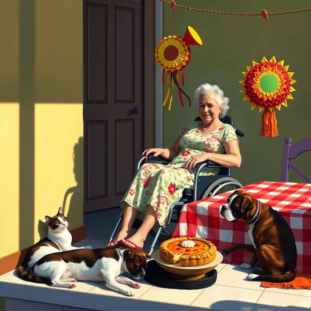 Smiling Woman in Wheelchair with Pets and Piñata