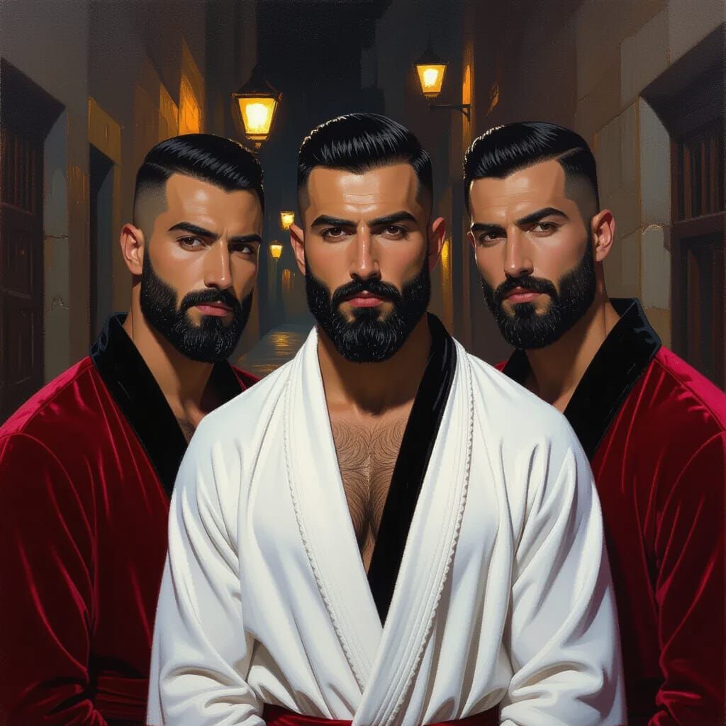 Proud Men in Velvet Robes, Neo-Impressionist Oil Painting