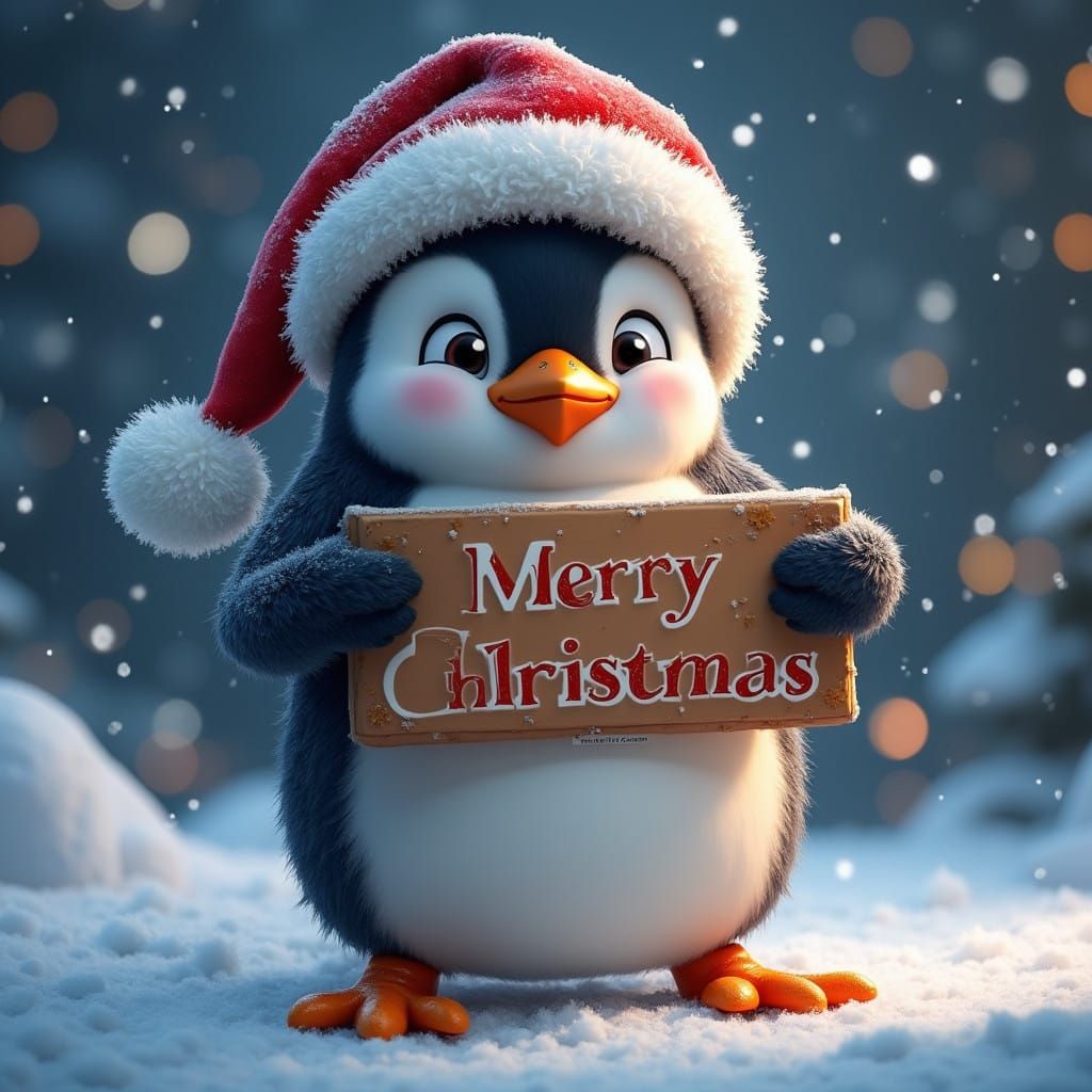 Merry Christmas Penguin With Sign in Vibrant Fantasy Style