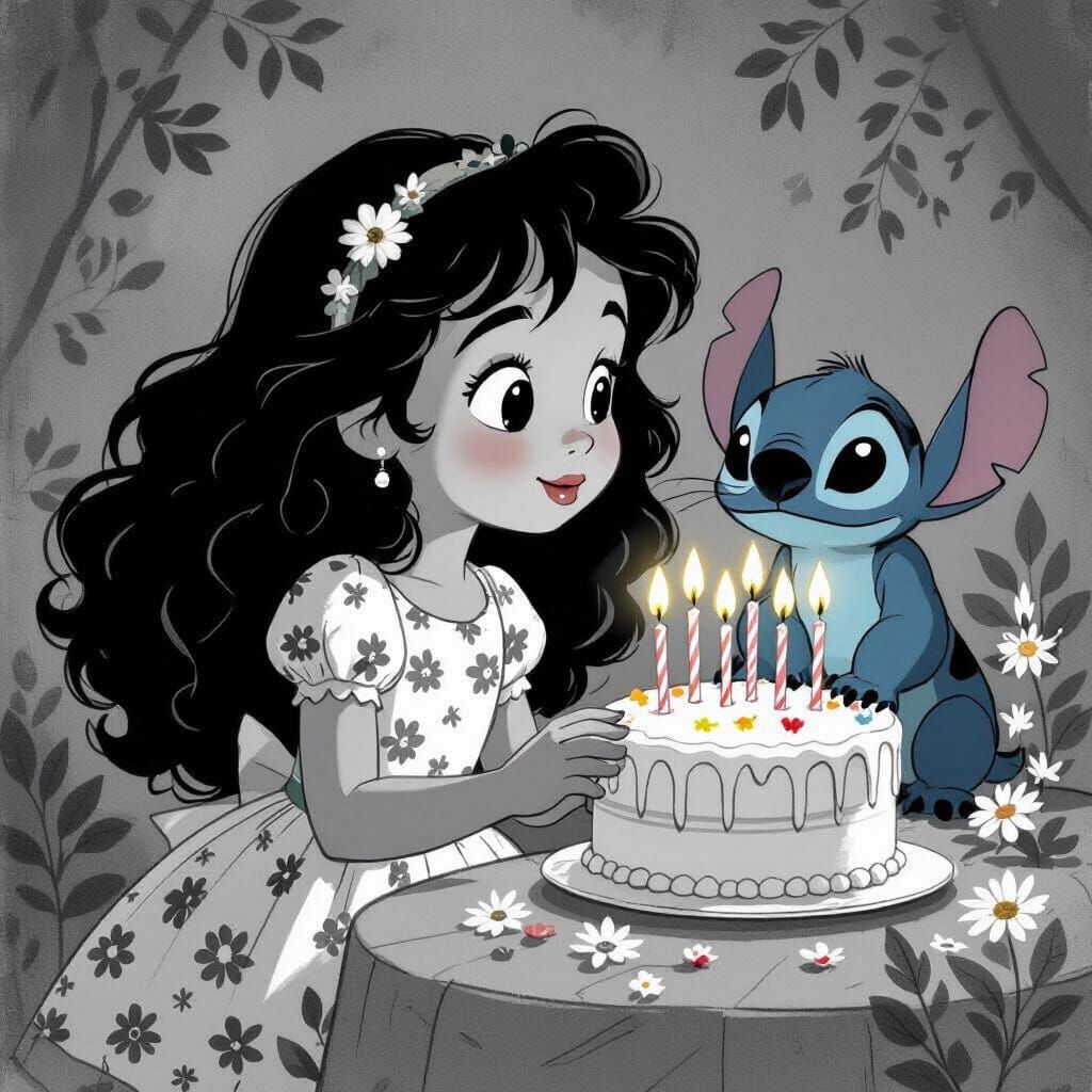 Girl With Stitch Blows Out Birthday Cake Candles