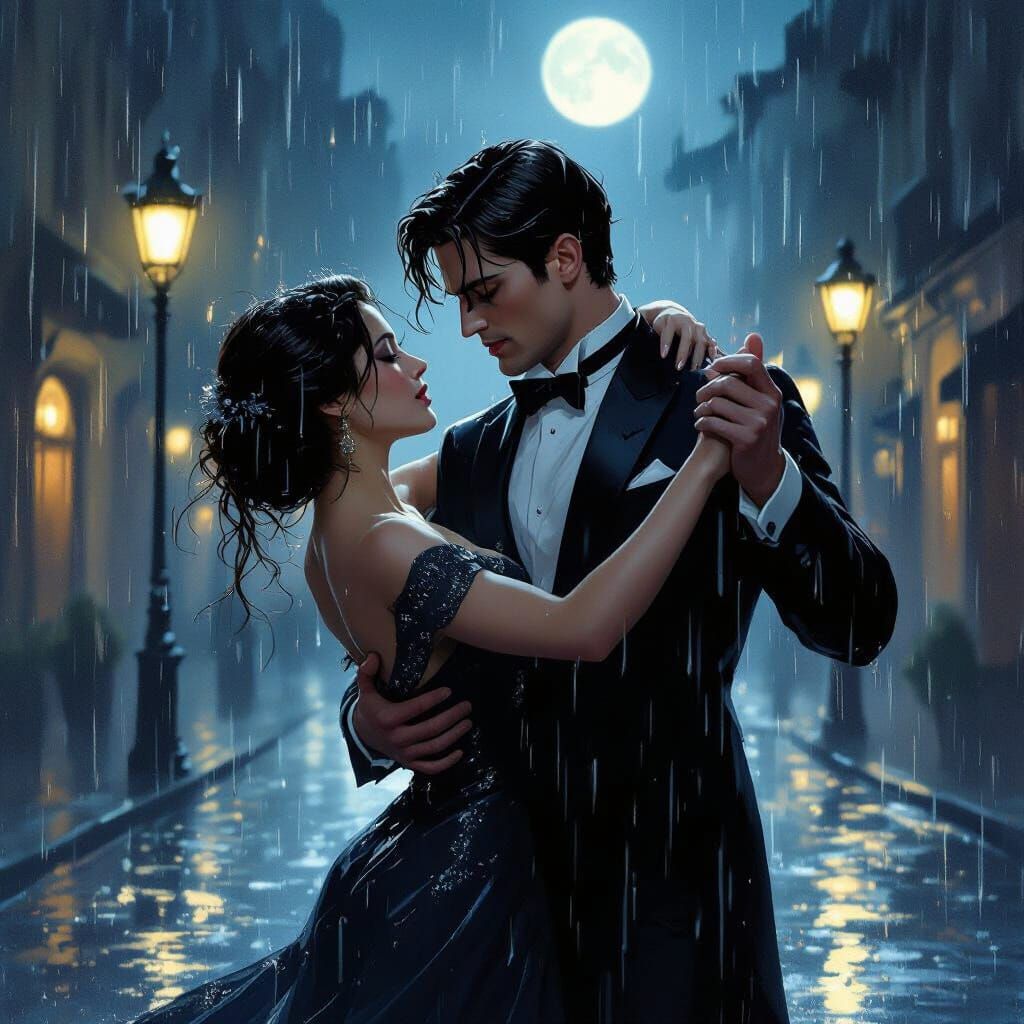 Dramatic Waltz in the Rain: Man and Woman Dancing