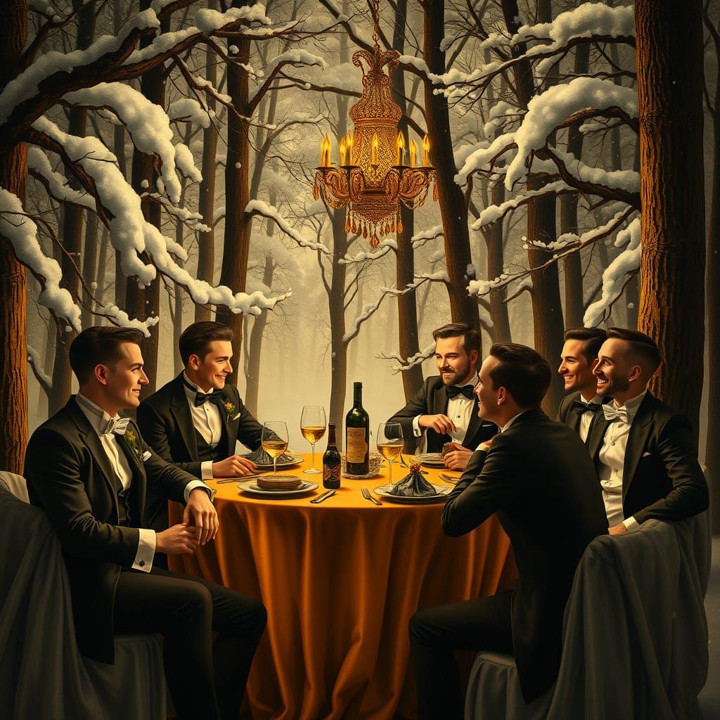 Elegant Gay Men in Baroque Forest Dinner Party