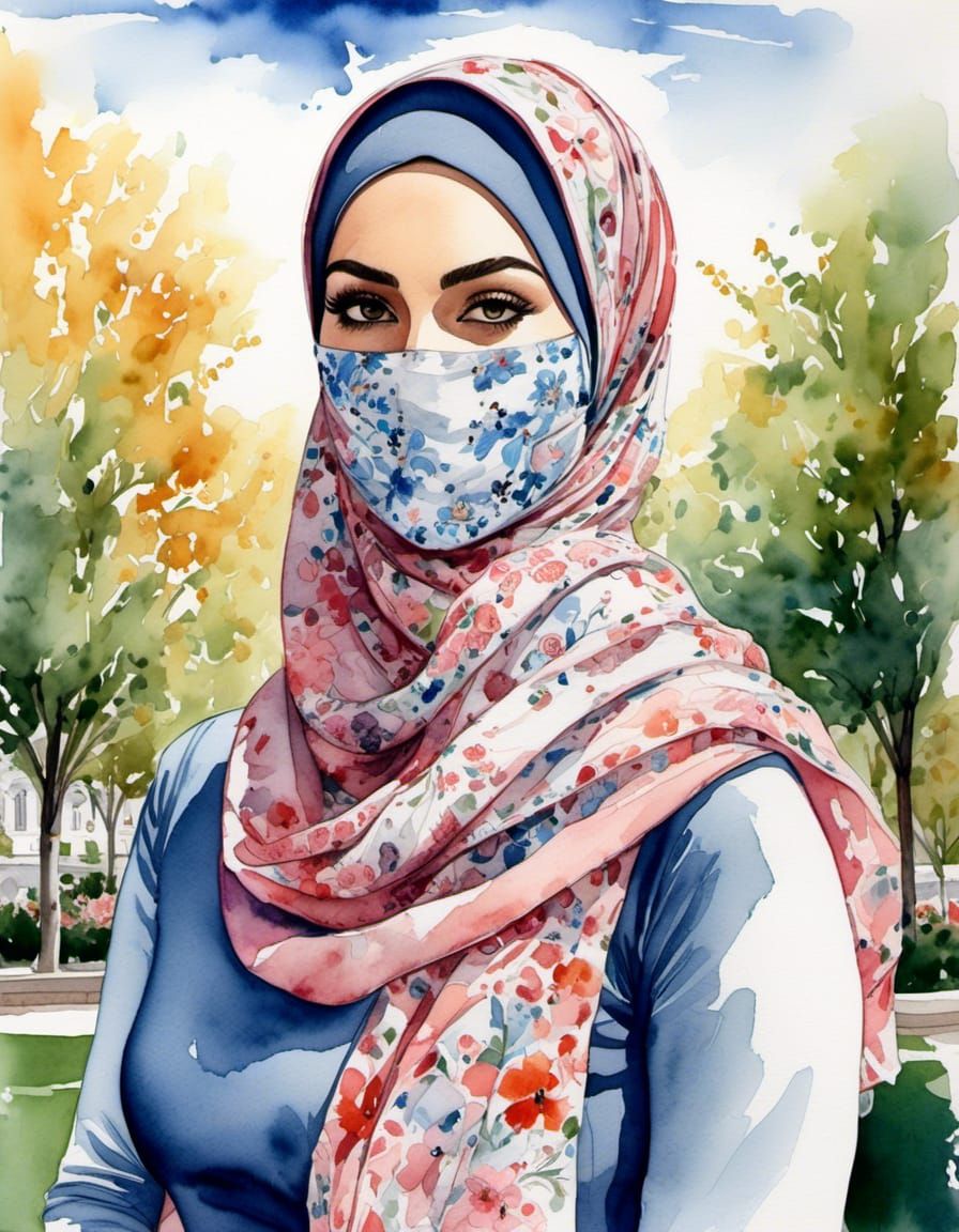 Beautiful Hijabi Woman in Flowered Dress: Watercolor Portrai...