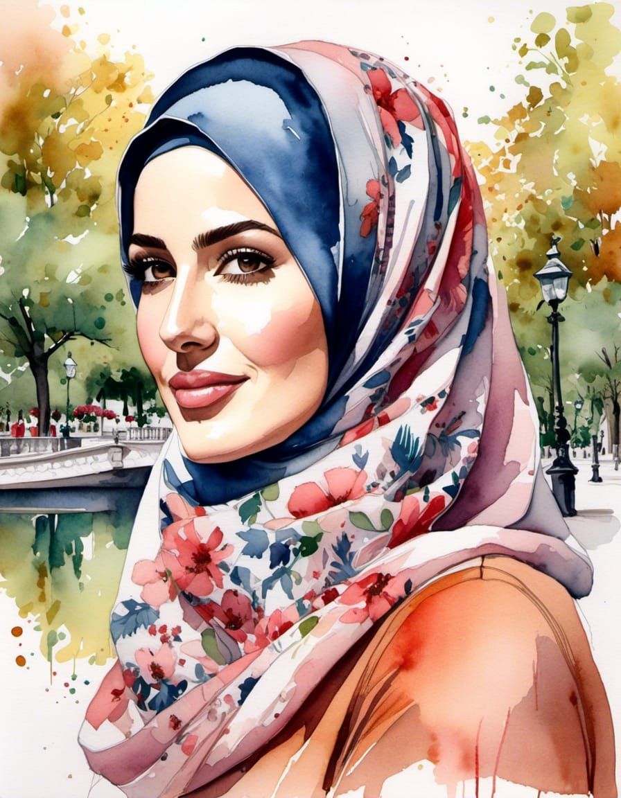 Beautiful Hijabi Woman Portrait in Watercolor Style