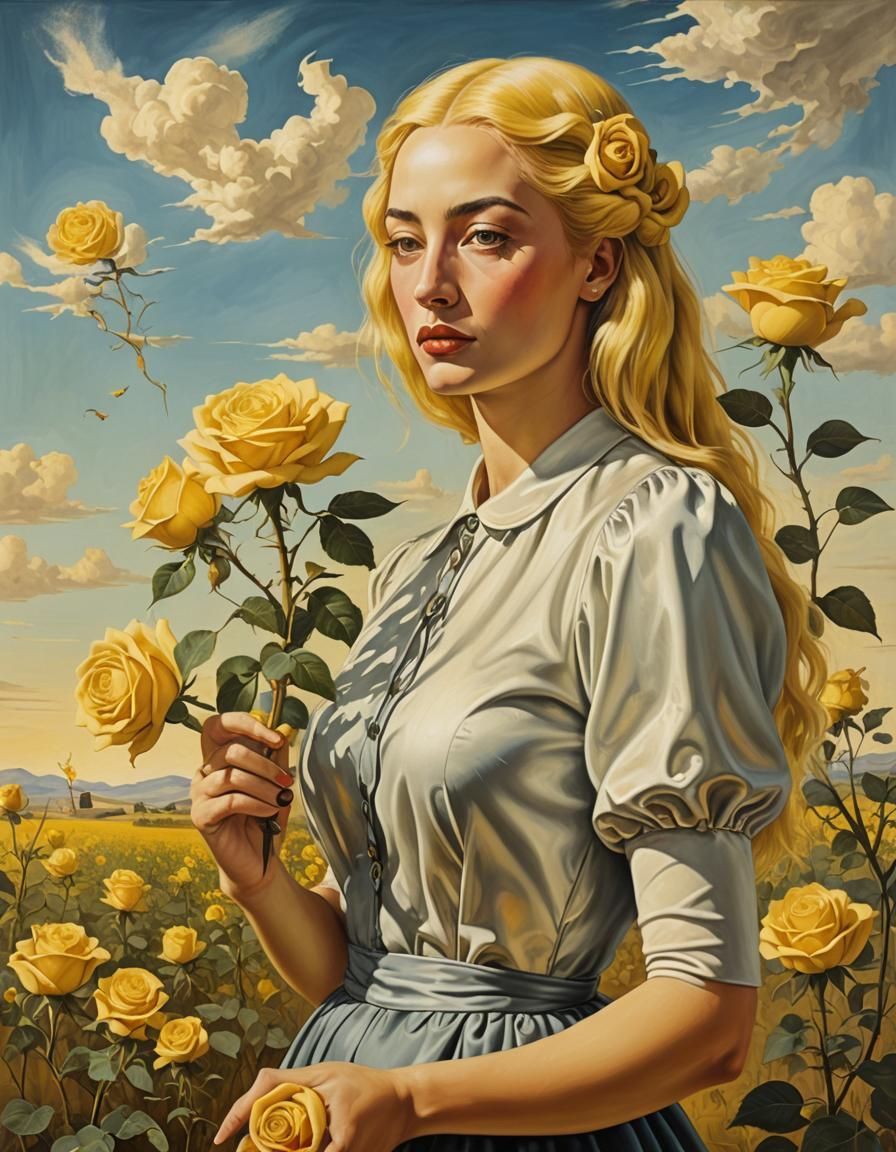 Woman with Yellow Rose, Surreal Oil Painting