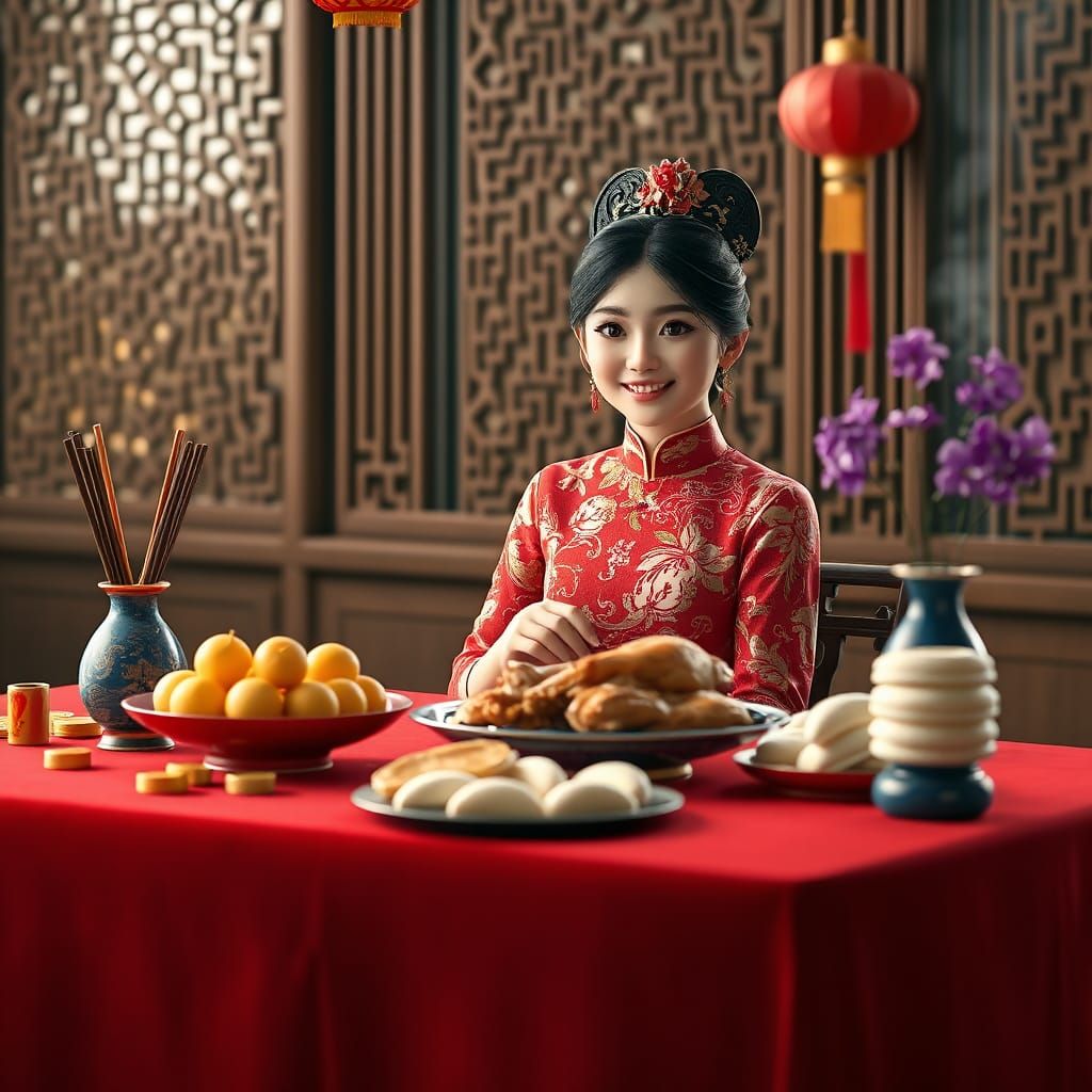 Smiling Chinese Girl in Cheongsam: 3D Anime Art