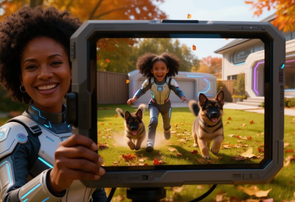 Futuristic Girl and Puppy in Autumn Backyard