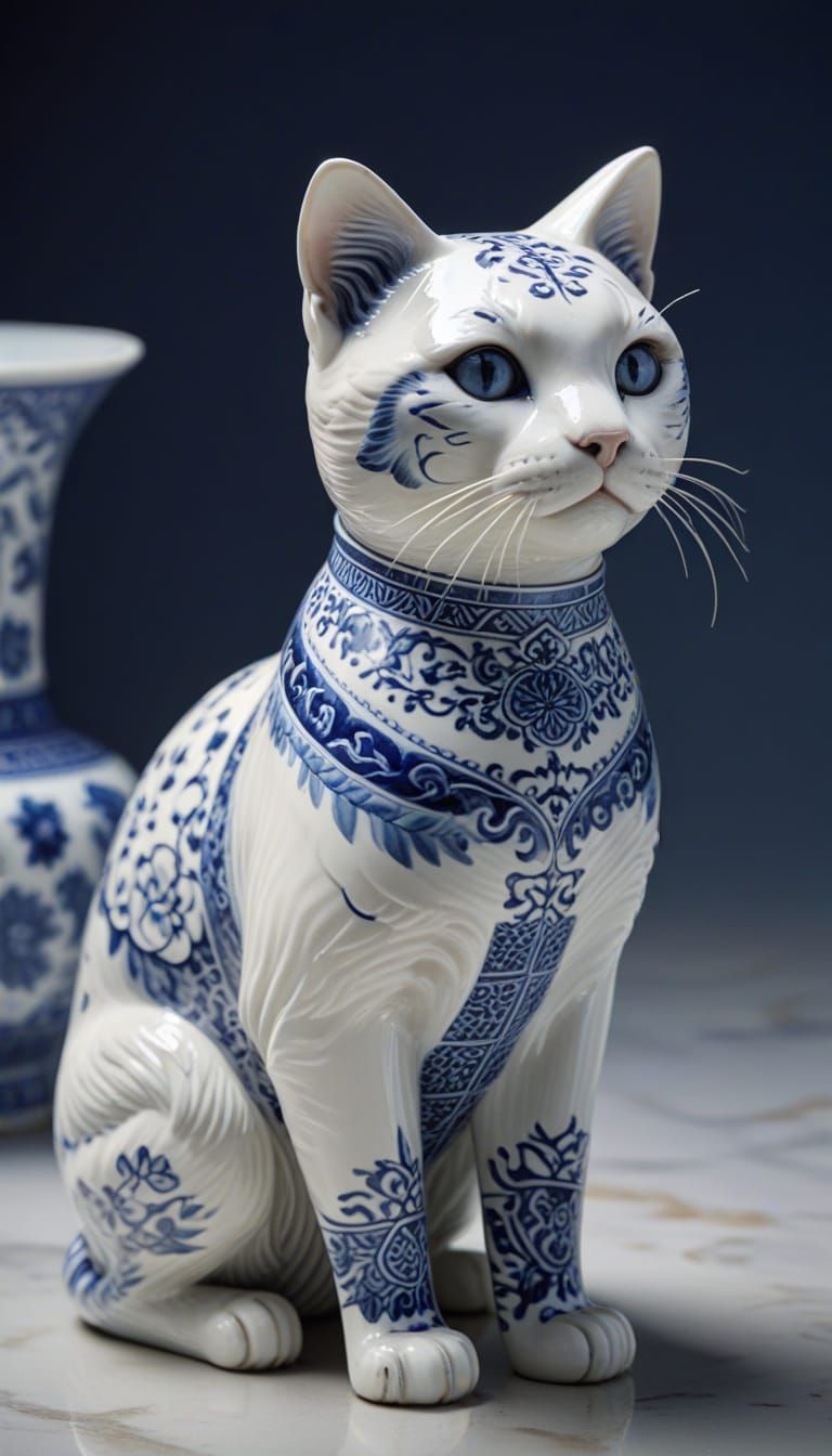Blue and White Porcelain Cat Figurine, Photorealistic Close-...