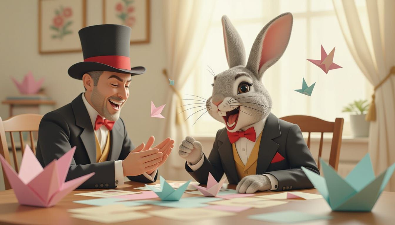 Rabbit Teasing Magician in Whimsical Digital Art Style