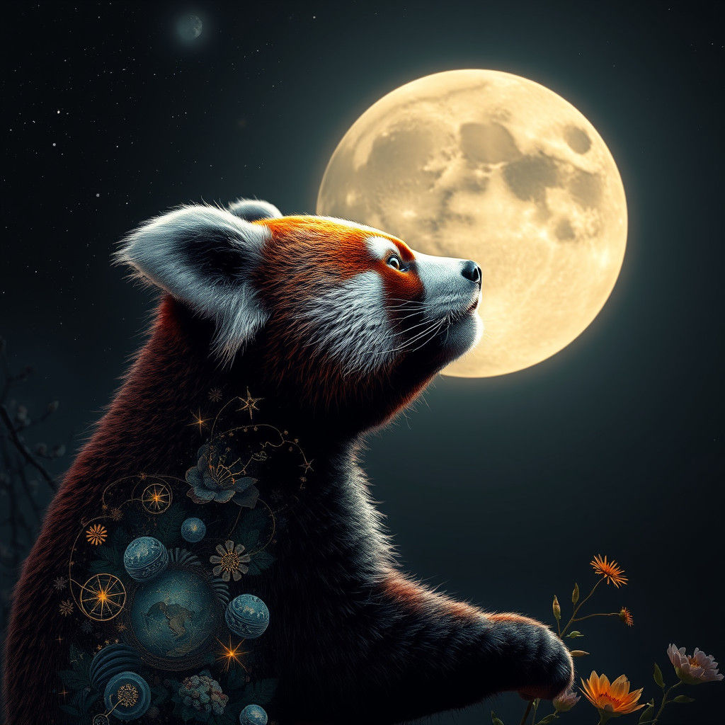 Red Panda Gazing at Moon in Cinematic Futurism
