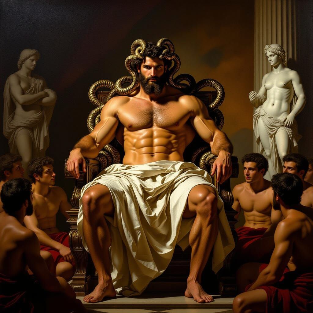 Regal Greek Man with Serpent Hair in Classical Hall