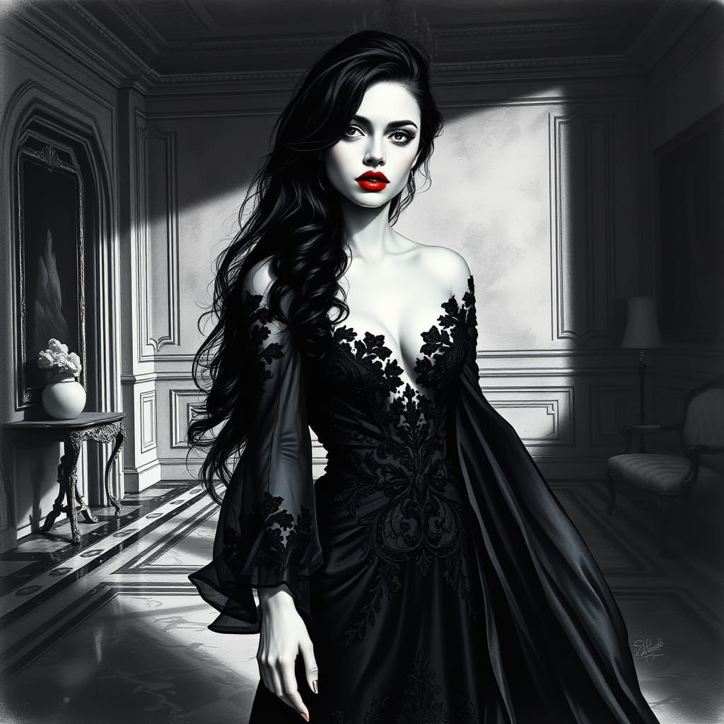 Ethereal, Charcoal-Drawn Gothic Beauty