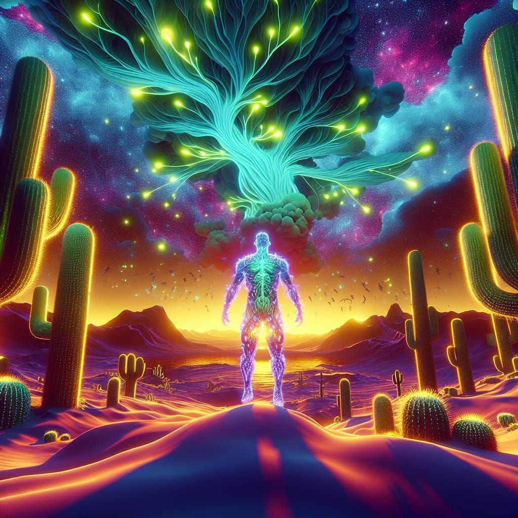Bioluminescent Desert Scene with Cactus Humanoid