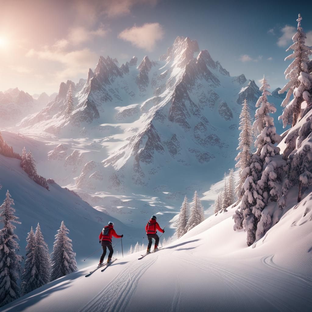 Skiers in Swiss Alps: Detailed Matte Painting