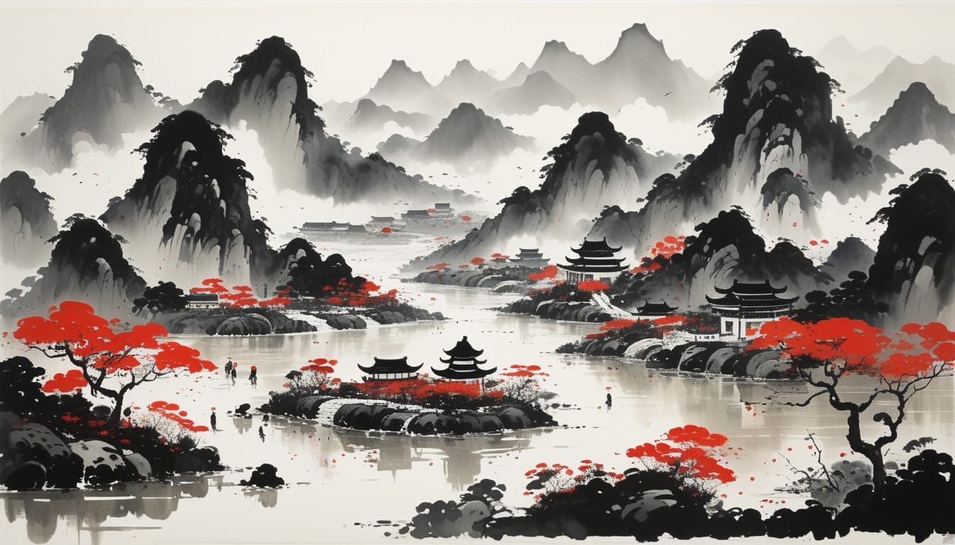 Ethereal Chinese Landscape in Whimsical Brushwork Style