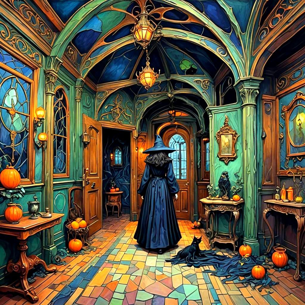 Eerie Witch Encounter in Haunted House: Art Nouveau Impasto