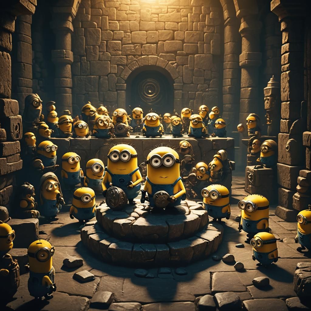 Glowing Artifact Illuminates Minions in Dimly Lit Chamber
