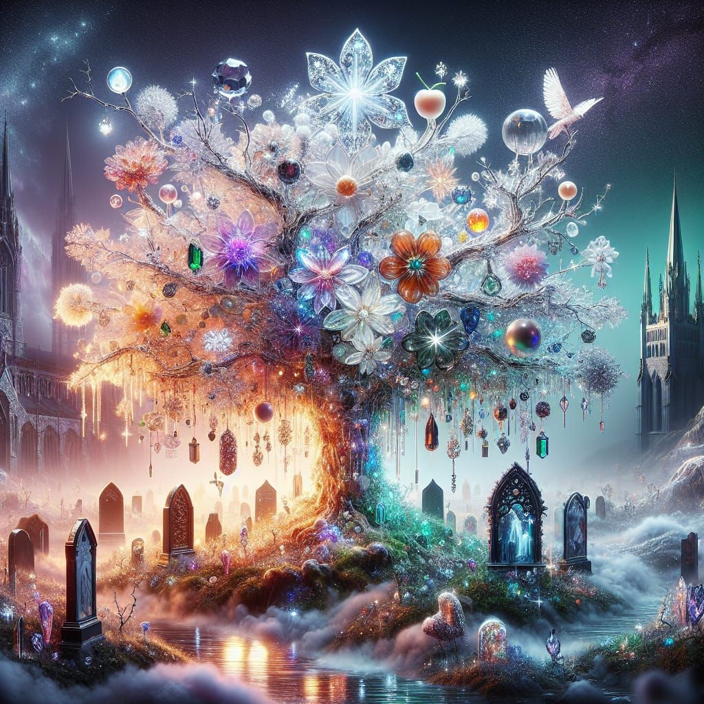 Vibrant Crystal Tree Amidst a Haunting Cemetery Scene in Epi...