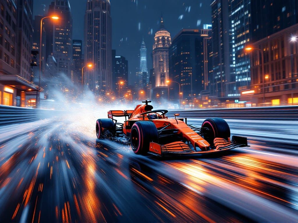 Orange Formula 1 race car, fast-paced, dynamic motion blur, ...
