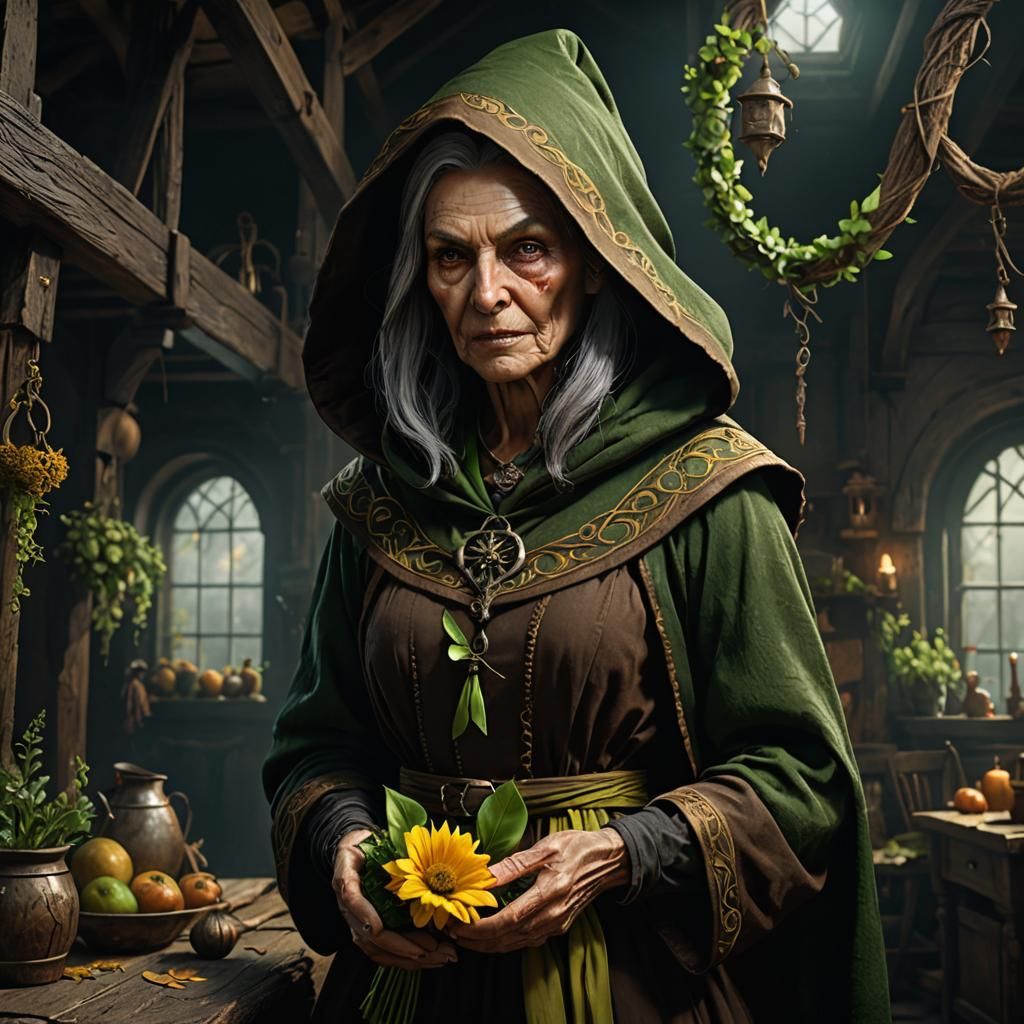 Old Witch in Dark House Holding Flower, Detailed Matte Paint...