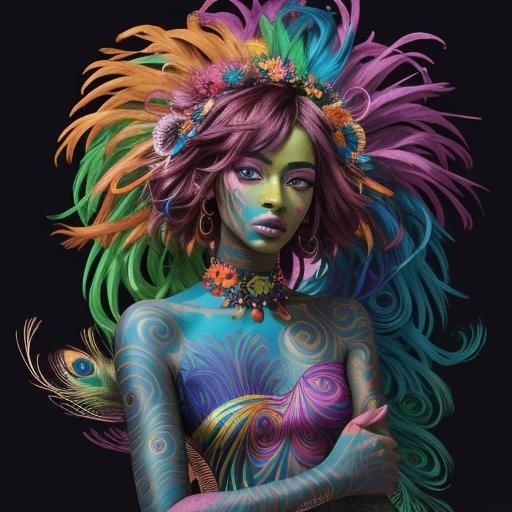Abstract Woman with Rainbow Skin and Peacock Feathers