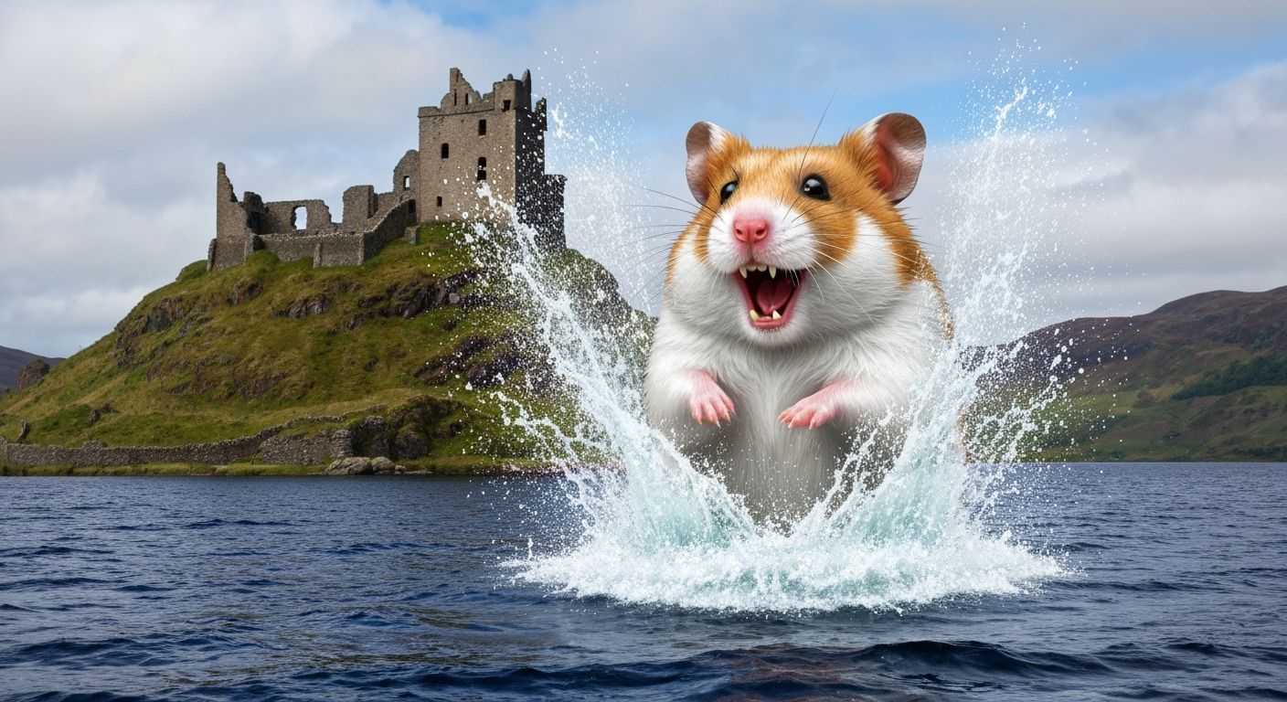 Giant Hamster Erupts from Loch Ness, Castle Ruins Background