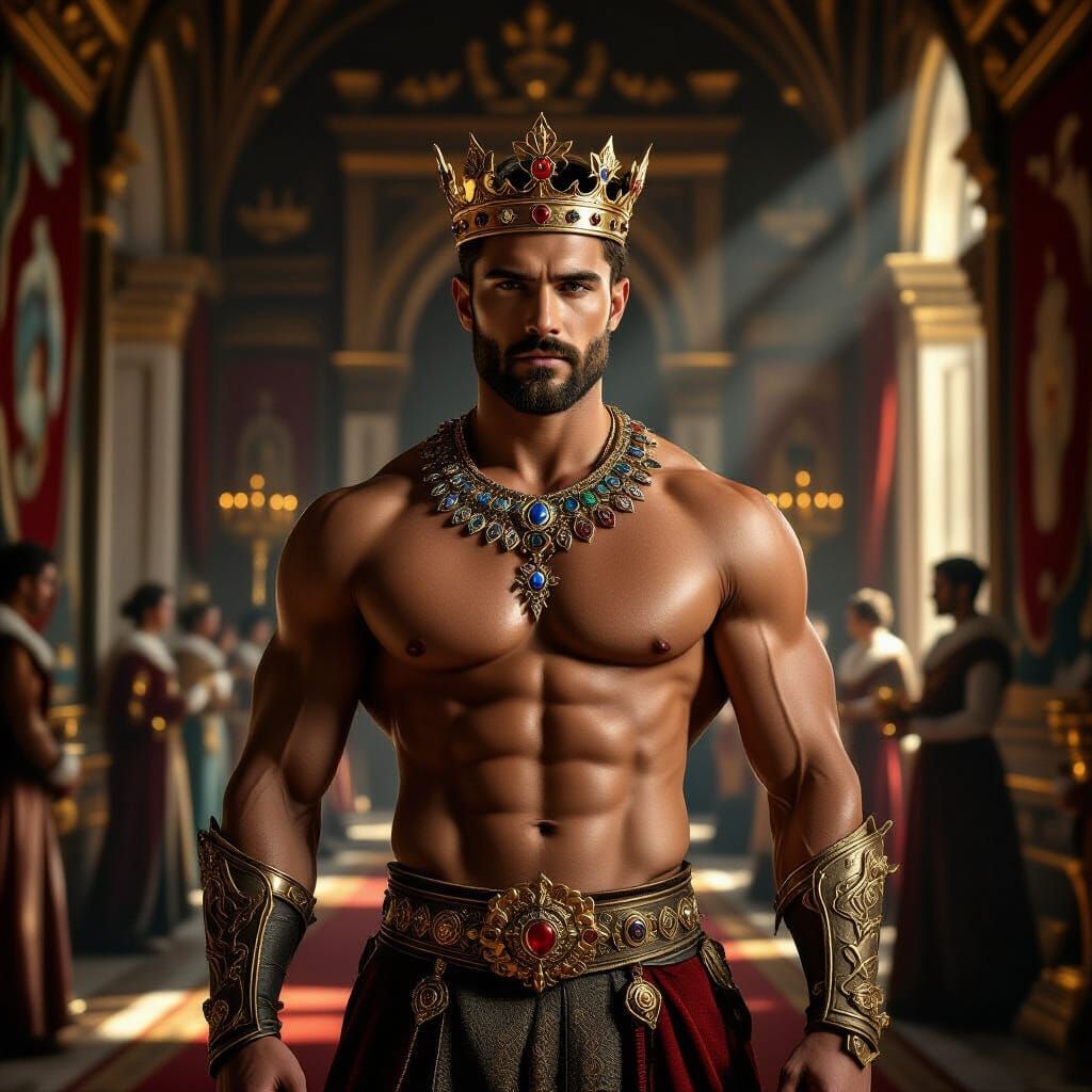 Muscular King in Opulent Castle Hall, Photorealistic Style