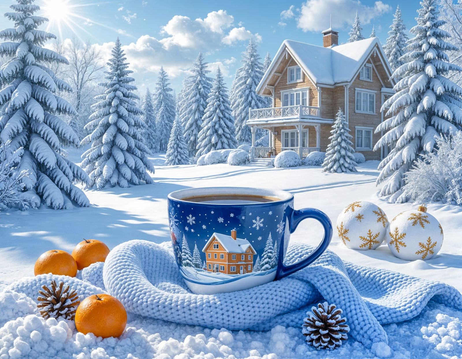 Fantasy Winter Morning Scene with Cozy House and Coffee Cup