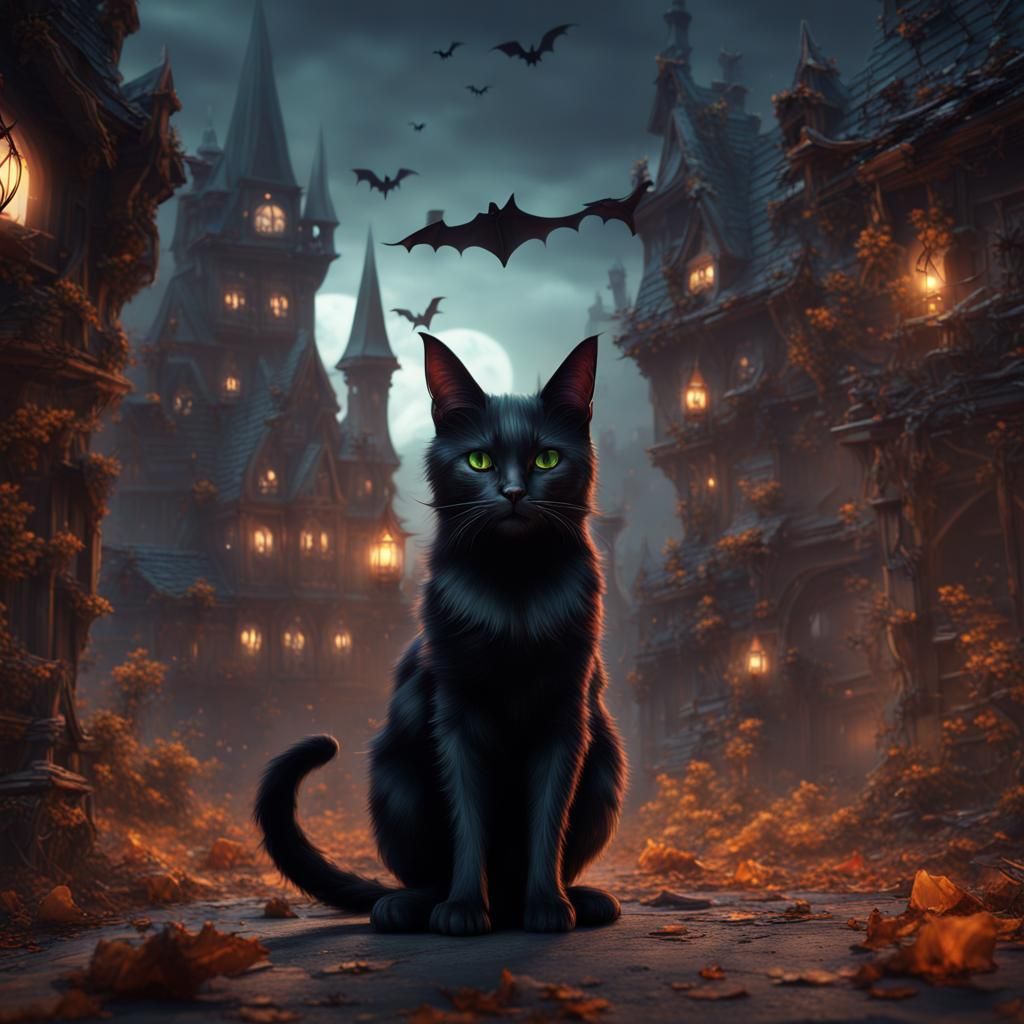 Fantasy Witch and Bat-Eared Black Cat