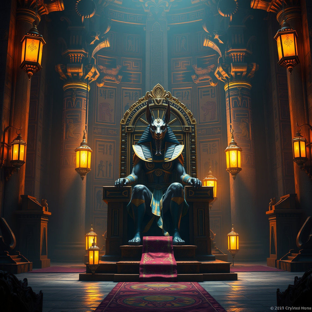 Anubis Enthroned in Opulent Egyptian Chamber
