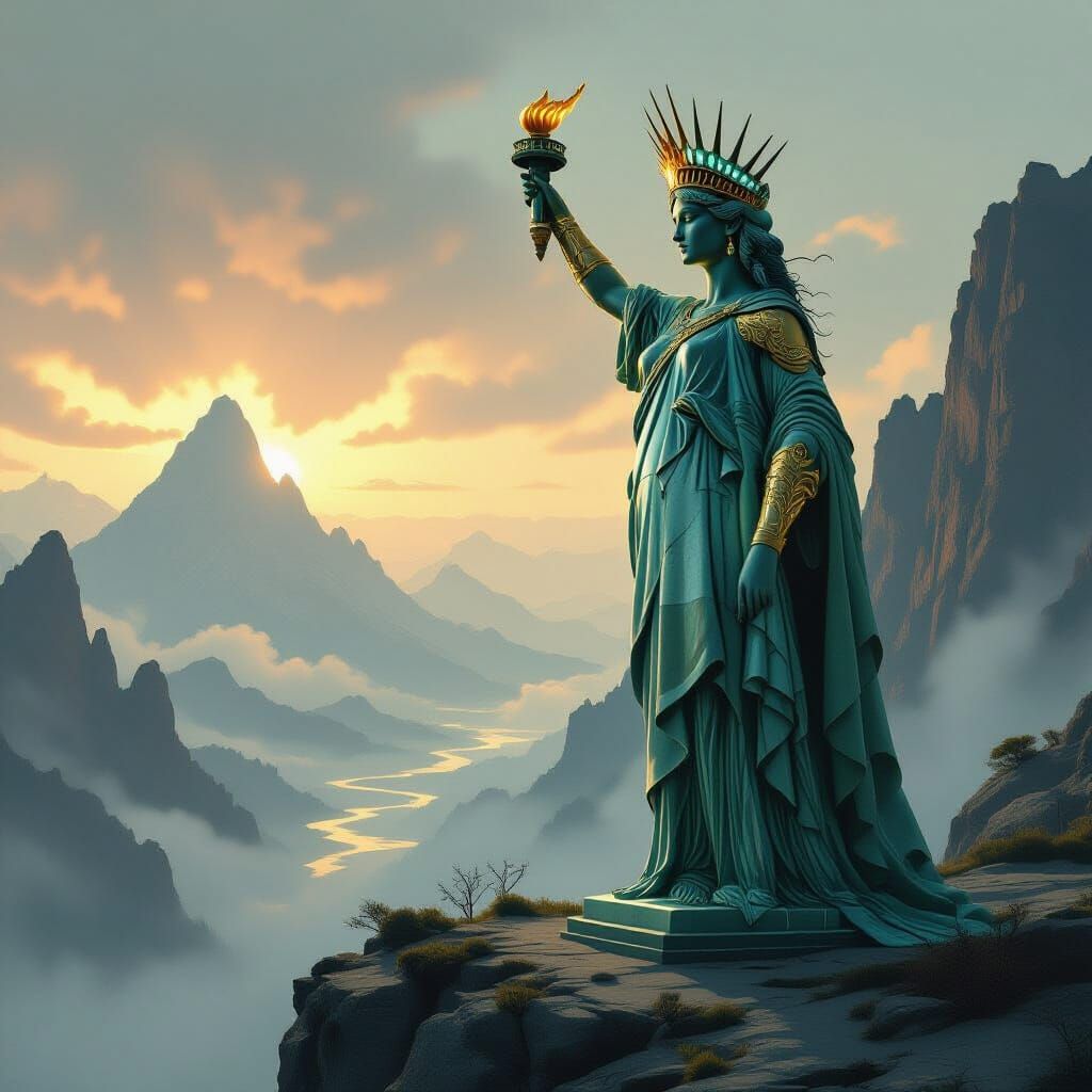 Statue of Liberty as Elven Queen on Mountain Peak